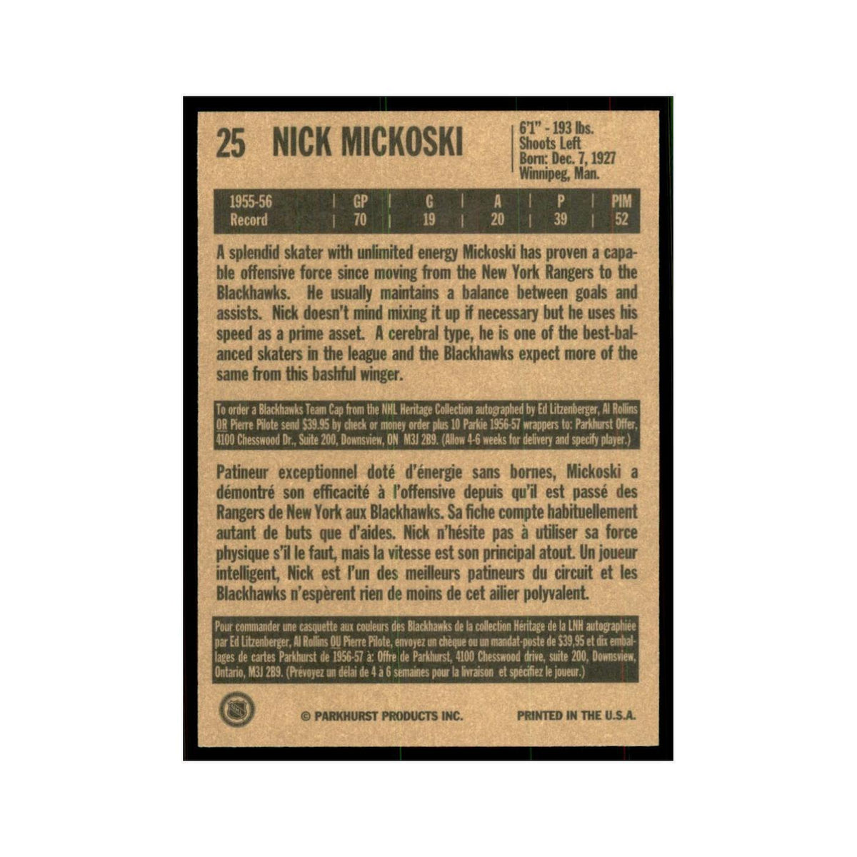 1994 Parkhurst Missing Link Nick Mickoski Chicago Blackhawks #25