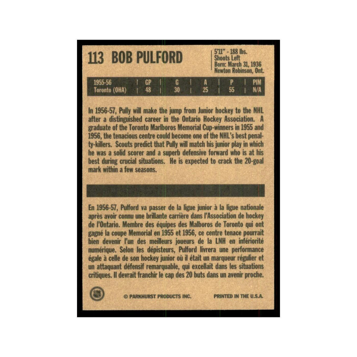 1994 Parkhurst Missing Link Bob Pulford Toronto Maple Leafs #113