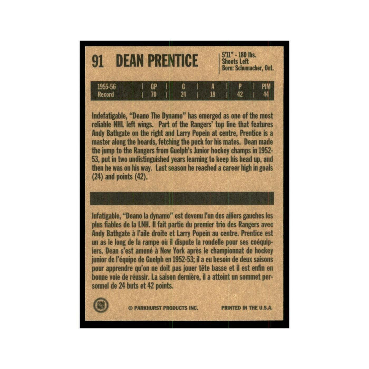 1994 Parkhurst Missing Link Dean Prentice New York Rangers #91