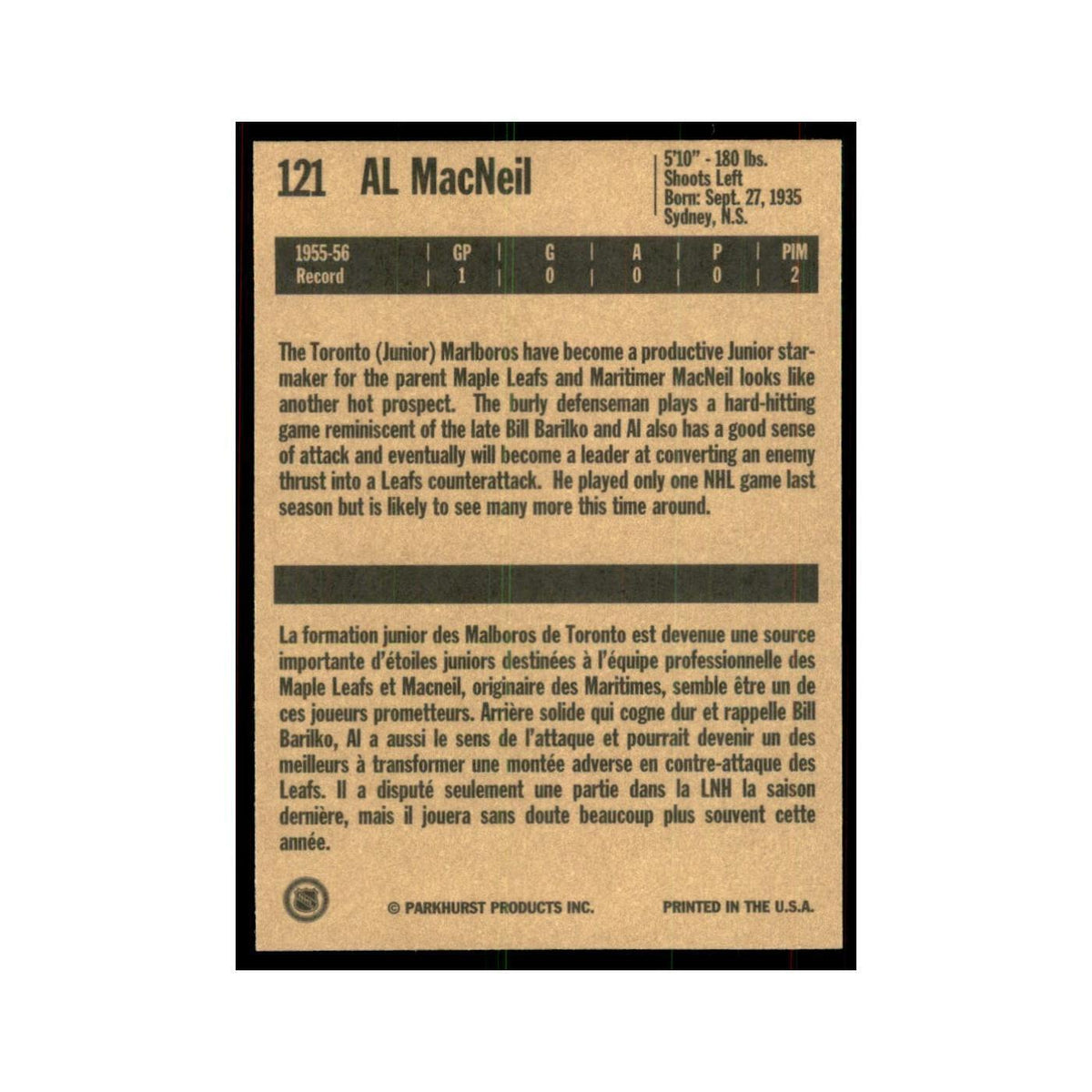 1994 Parkhurst Missing Link Al MacNeil Toronto Maple Leafs #121