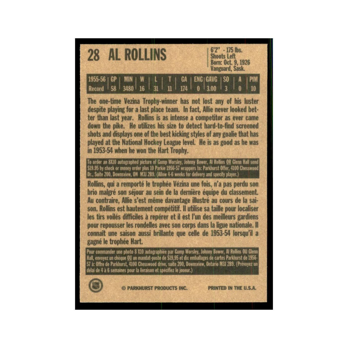 1994 Parkhurst Missing Link Al Rollins Chicago Blackhawks #28