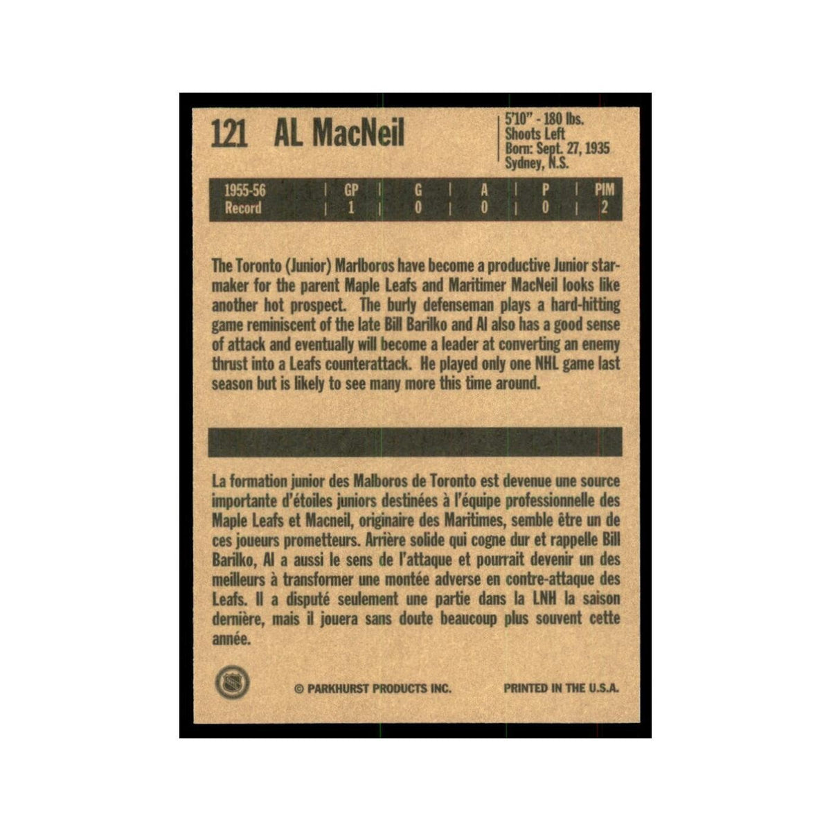 1994 Parkhurst Missing Link Al MacNeil Toronto Maple Leafs #121