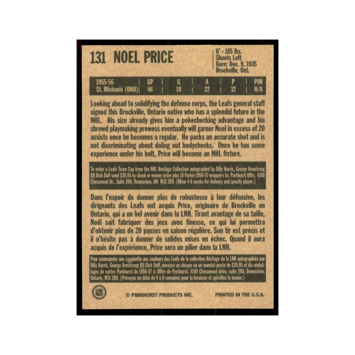 1994 Parkhurst Missing Link Noel Price Toronto Maple Leafs #131