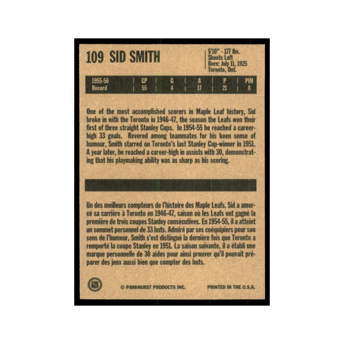 1994 Parkhurst Missing Link Sid Smith Toronto Maple Leafs #109