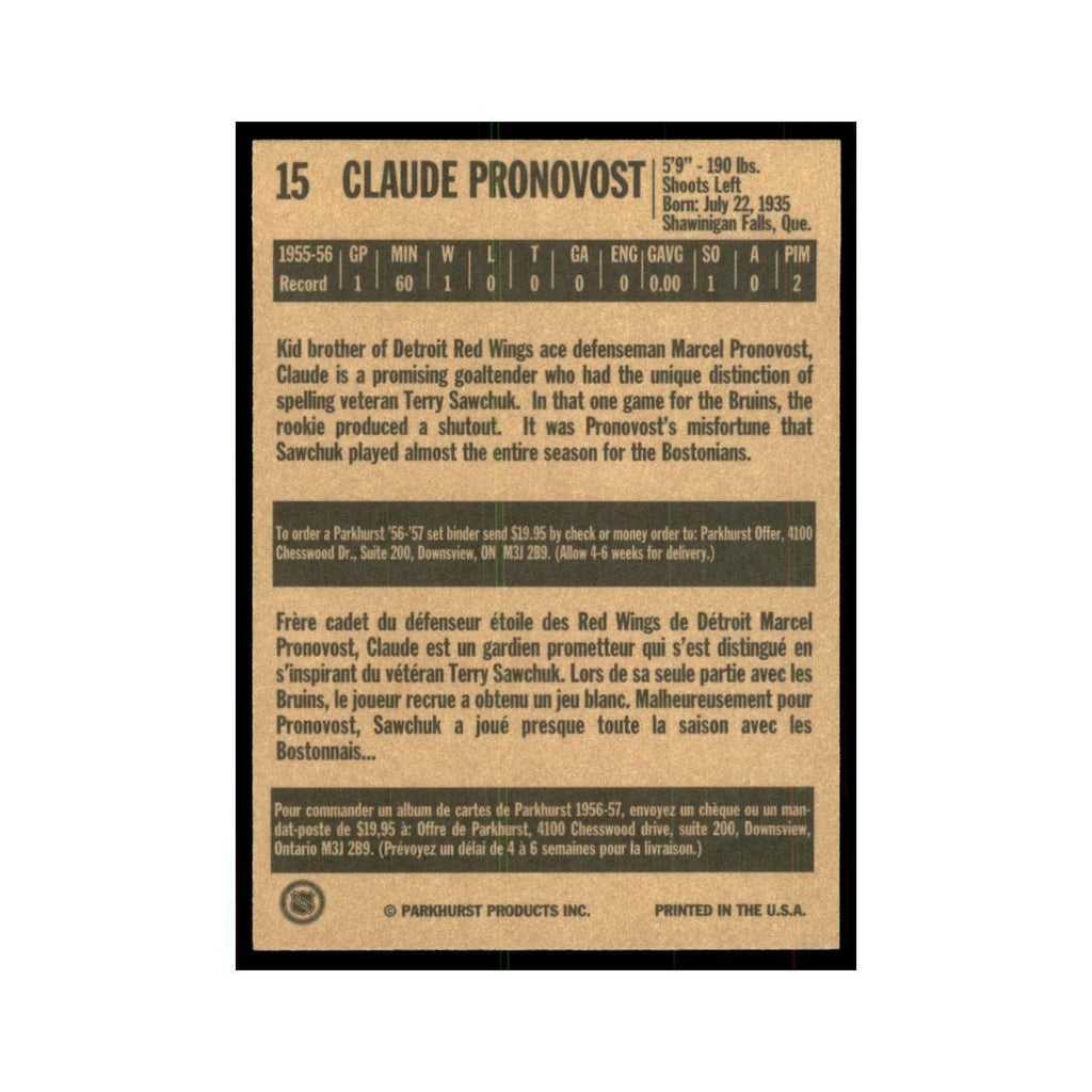1994 Parkhurst Missing Link Claude Pronovost Boston Bruins #15