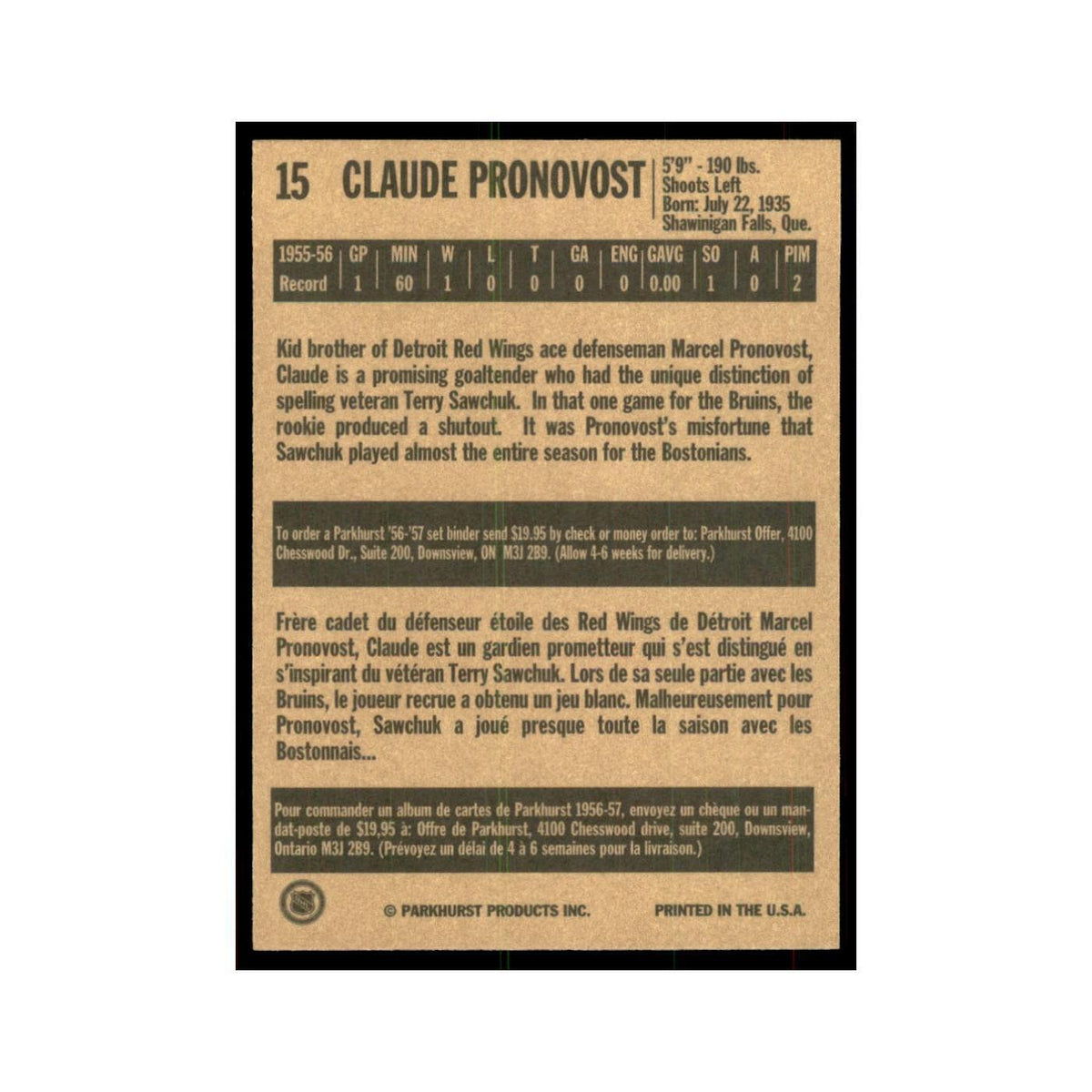 1994 Parkhurst Missing Link Claude Pronovost Boston Bruins #15