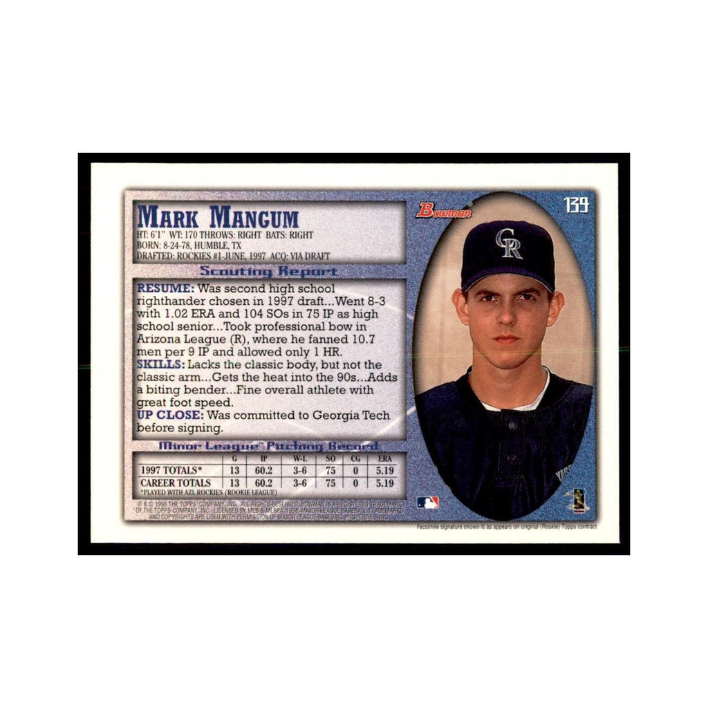 1998 Bowman Mark Mangum Baseball Cards #139