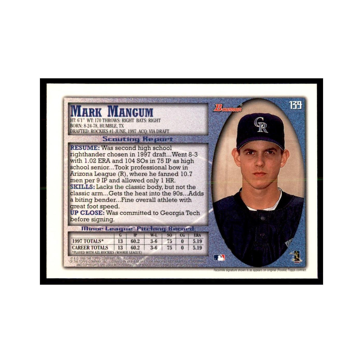 1998 Bowman Mark Mangum Baseball Cards #139