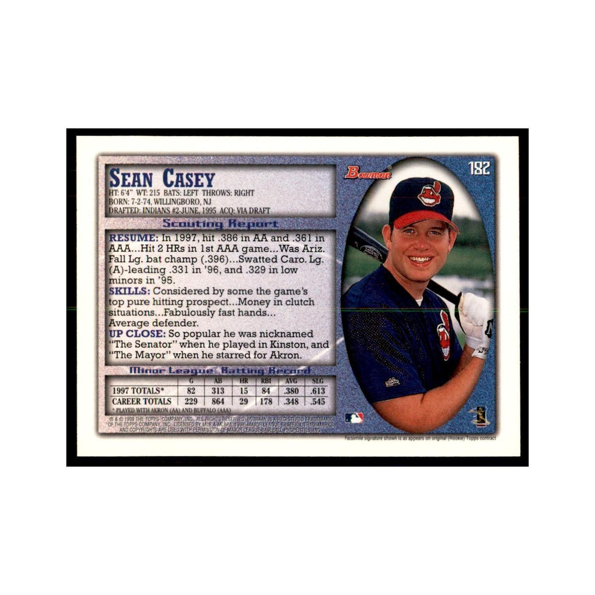 1998 Bowman Sean Casey Baseball Cards #182