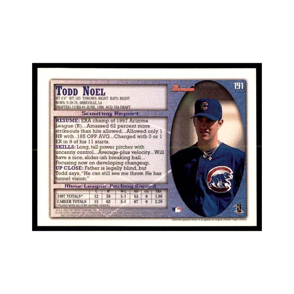 1998 Bowman Todd Noel Baseball Cards #191