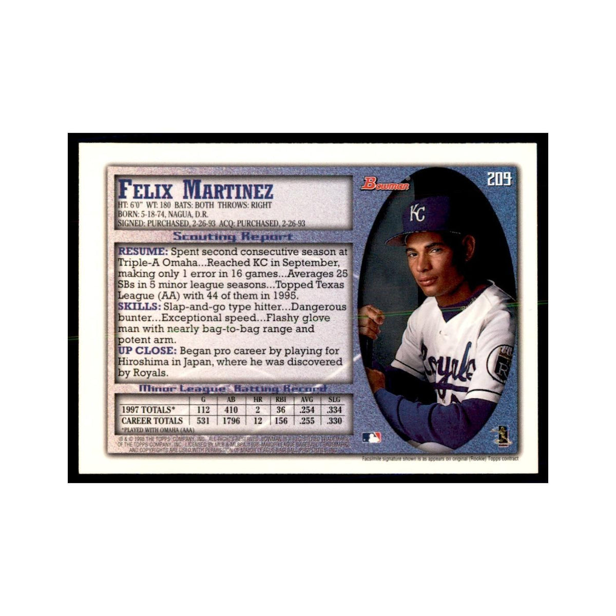 1998 Bowman Felix Martinez Baseball Cards #209