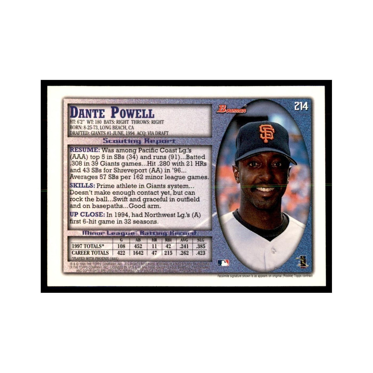 1998 Bowman Dante Powell Baseball Cards #214