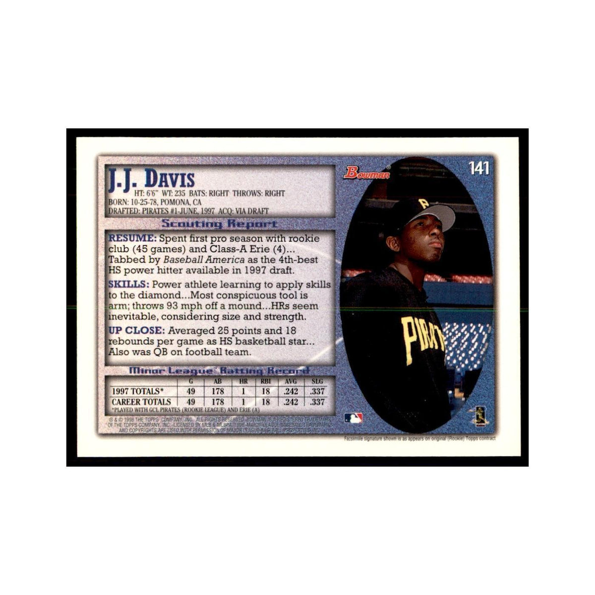 1998 Bowman J.J. Davis Baseball Cards #141
