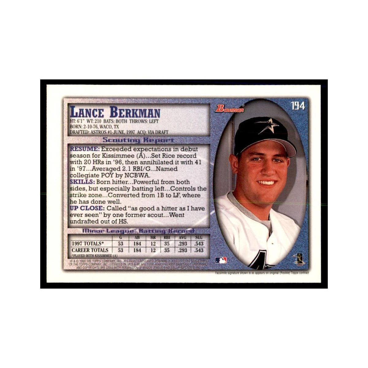 1998 Bowman Lance Berkman Baseball Cards #194