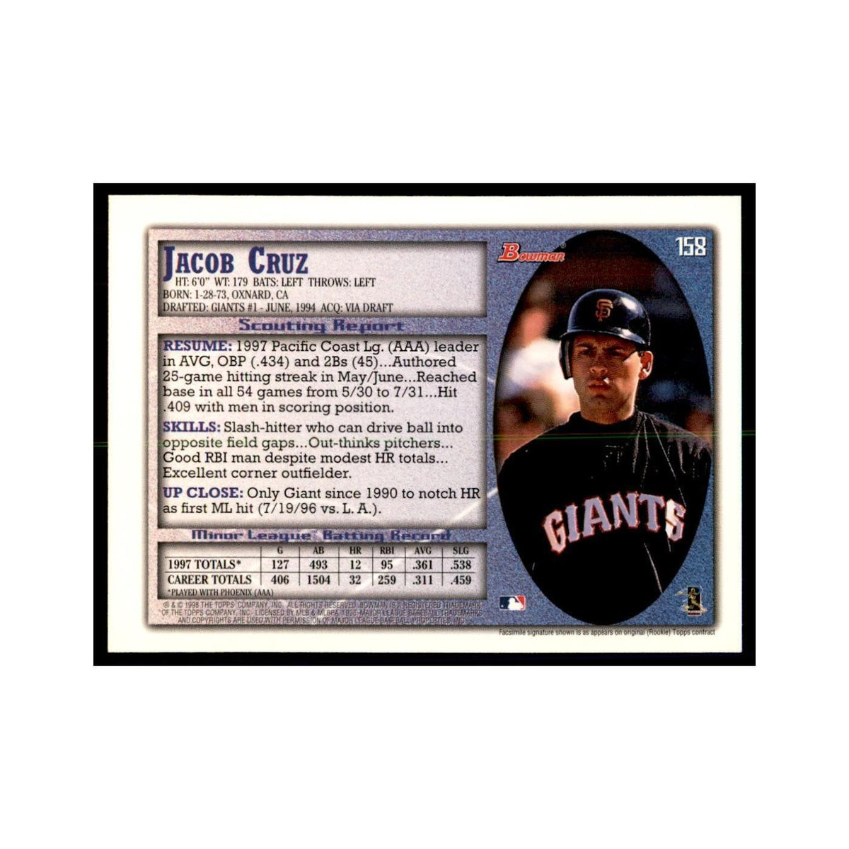 1998 Bowman Jacob Cruz Baseball Cards #158