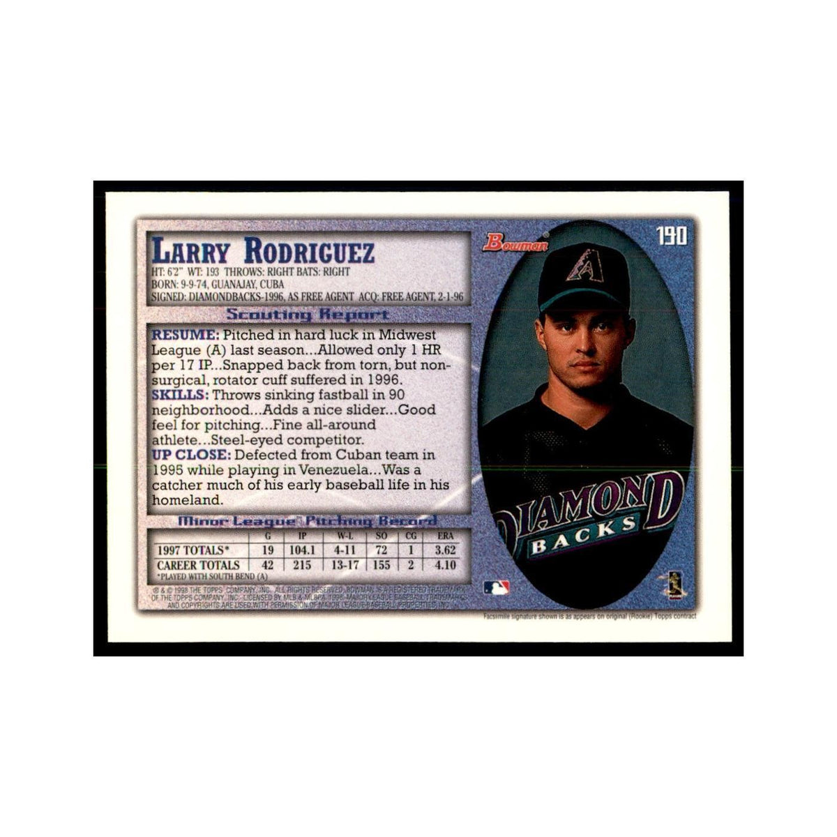 1998 Bowman Larry Rodriguez Baseball Cards #190