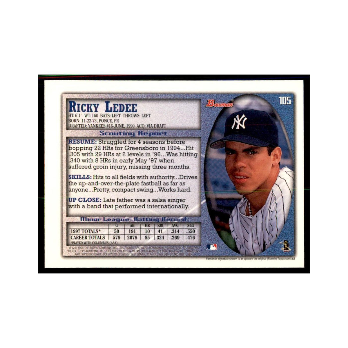 1998 Bowman Ricky Ledee Baseball Cards #105