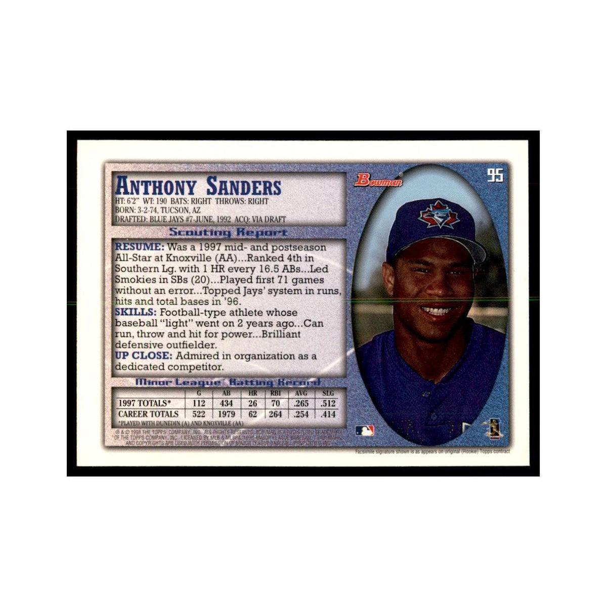 1998 Bowman Anthony Sanders Baseball Cards #95