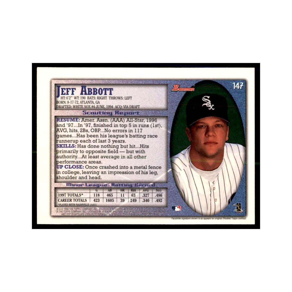 1998 Bowman Jeff Abbott Baseball Cards #147