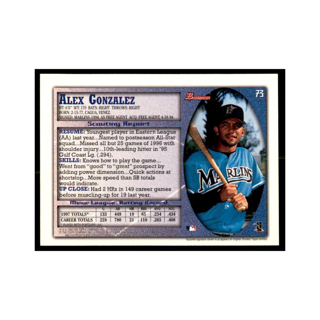 1998 Bowman Alex Gonzalez Baseball Cards #73