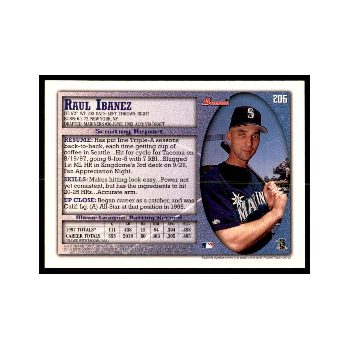 1998 Bowman Raul Ibanez Baseball Cards #206
