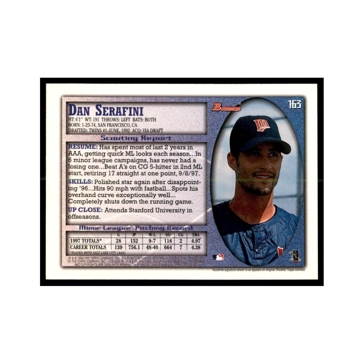 1998 Bowman Dan Serafini Baseball Cards #163