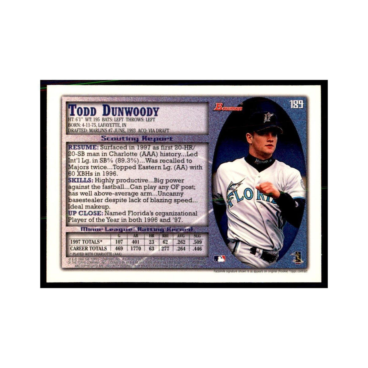 1998 Bowman Todd Dunwoody Baseball Cards #189