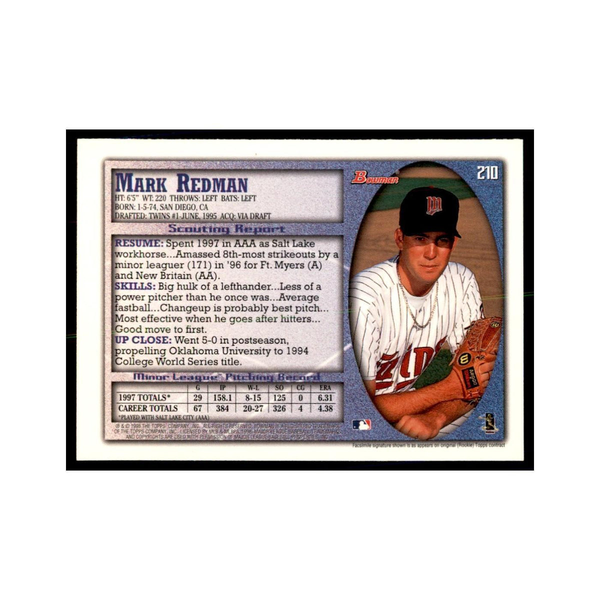1998 Bowman Mark Redman Baseball Cards #210