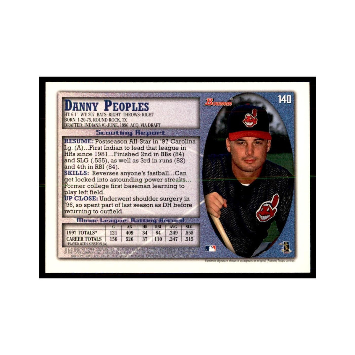 1998 Bowman Danny Peoples Baseball Cards #140