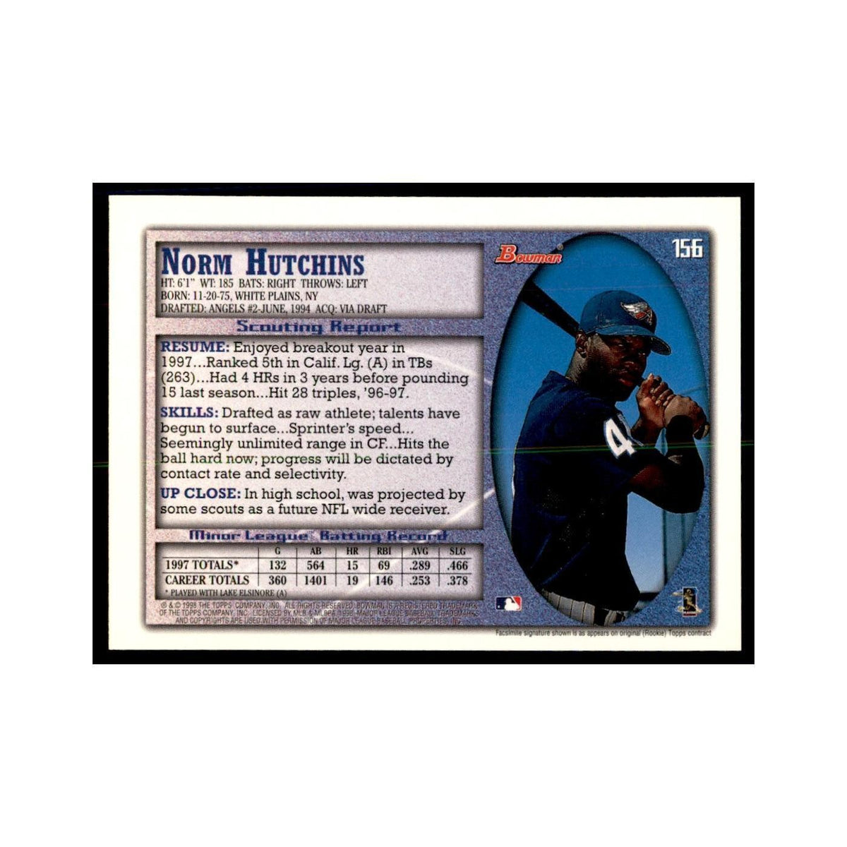 1998 Bowman Norm Hutchins Baseball Cards #156