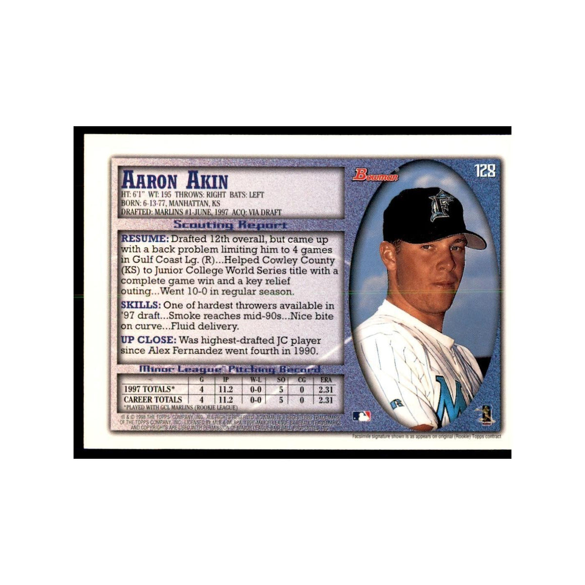 1998 Bowman Aaron Akin Baseball Cards #128