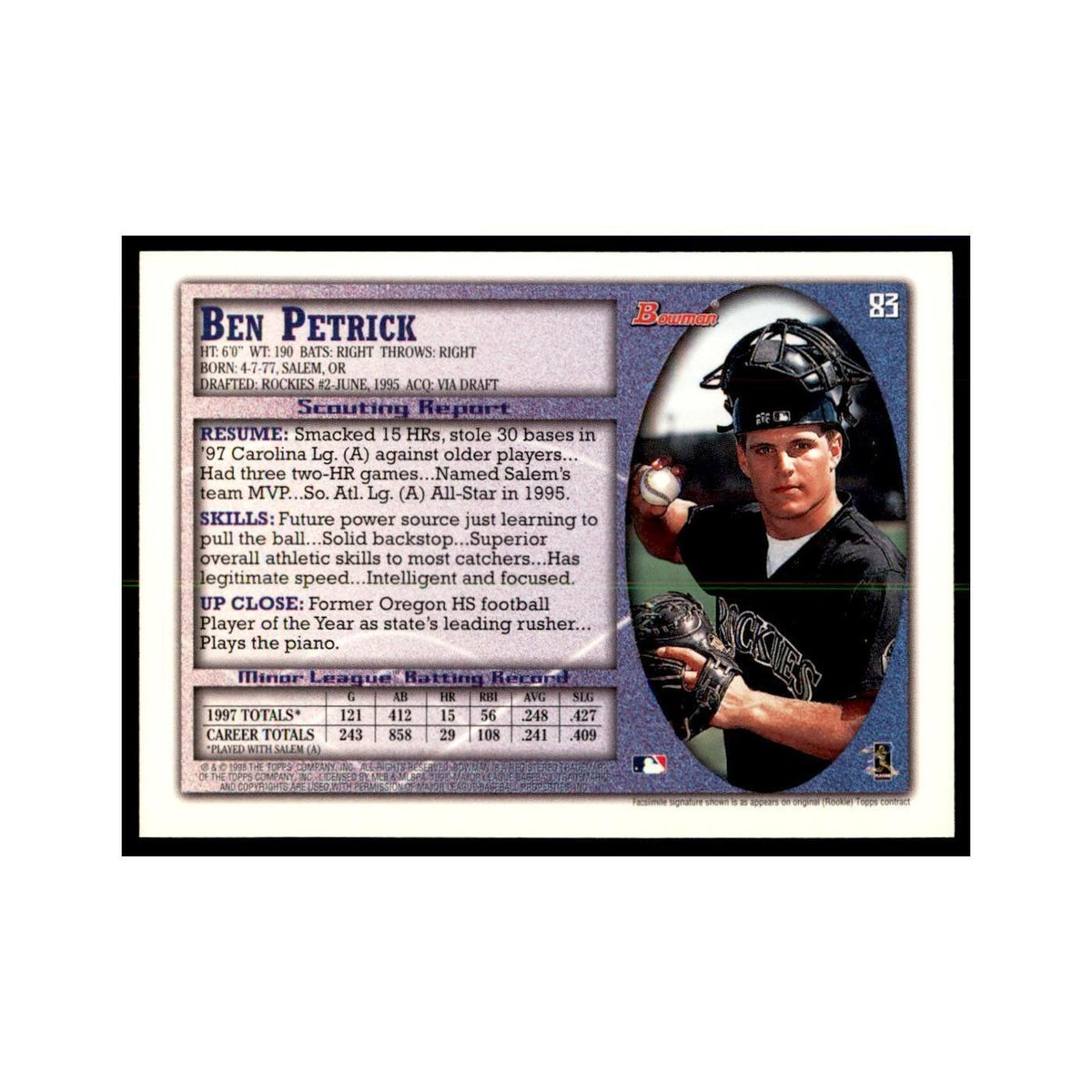 1998 Bowman Ben Petrick Baseball Cards #83