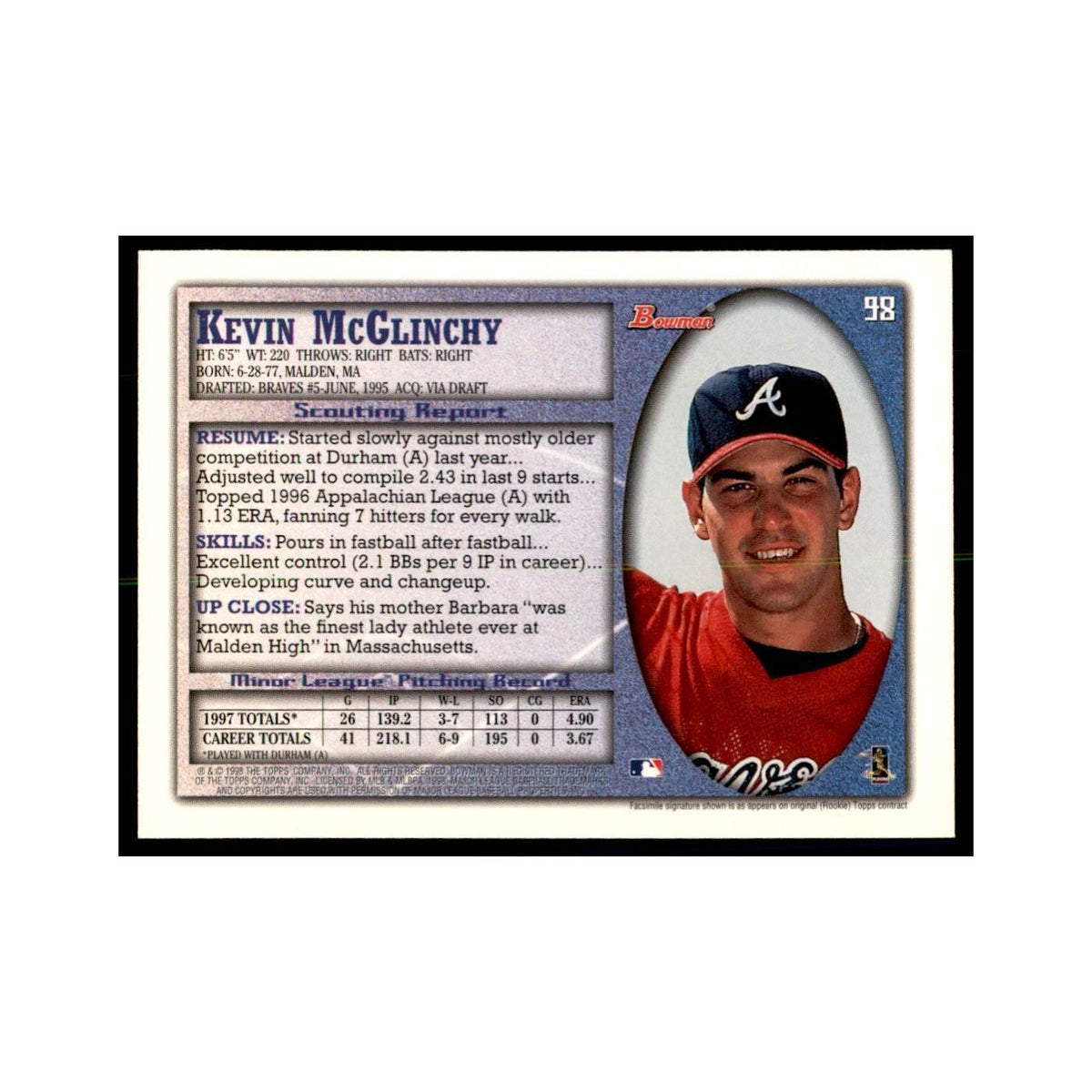 1998 Bowman Kevin McGlinchy Baseball Cards #98