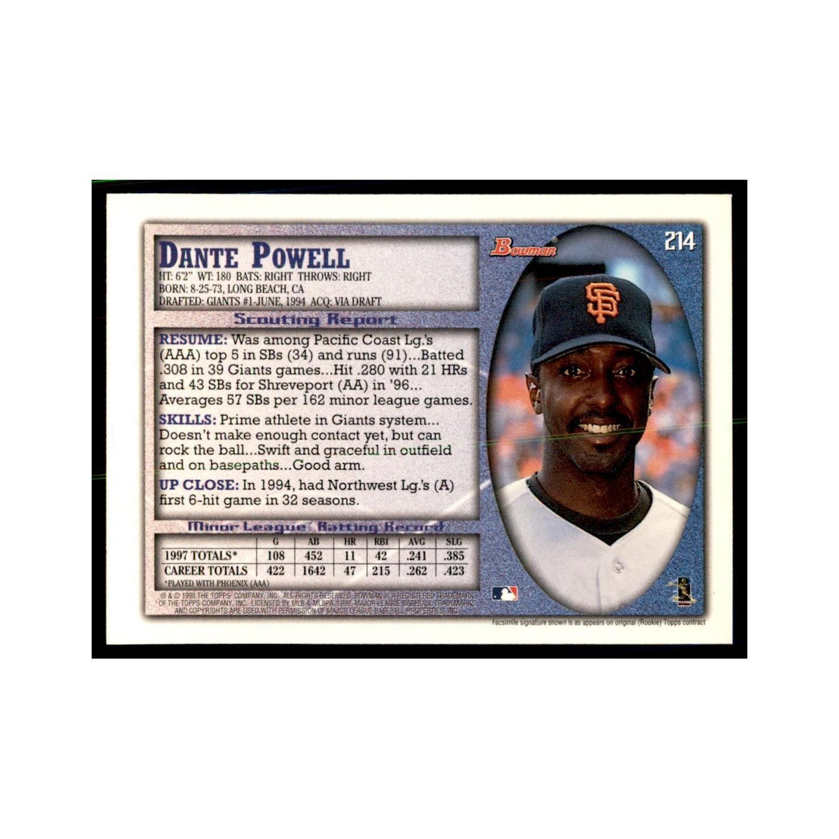 1998 Bowman Dante Powell Baseball Cards #214