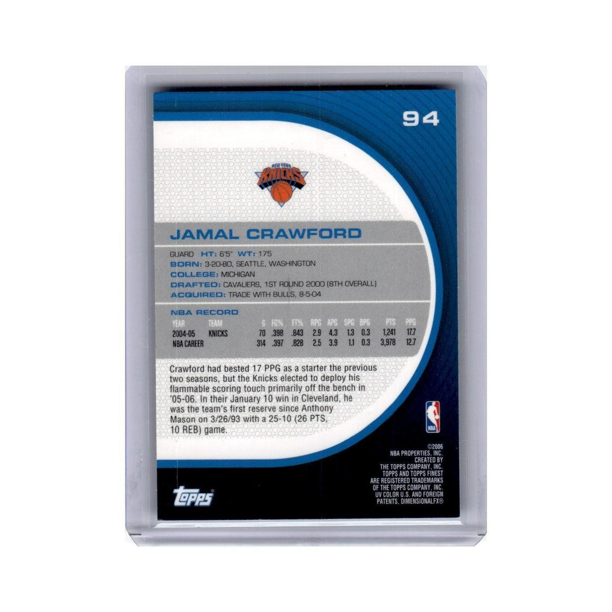 Jamal Crawford 2005 Finest #94 New York Knicks Basketball Card NM