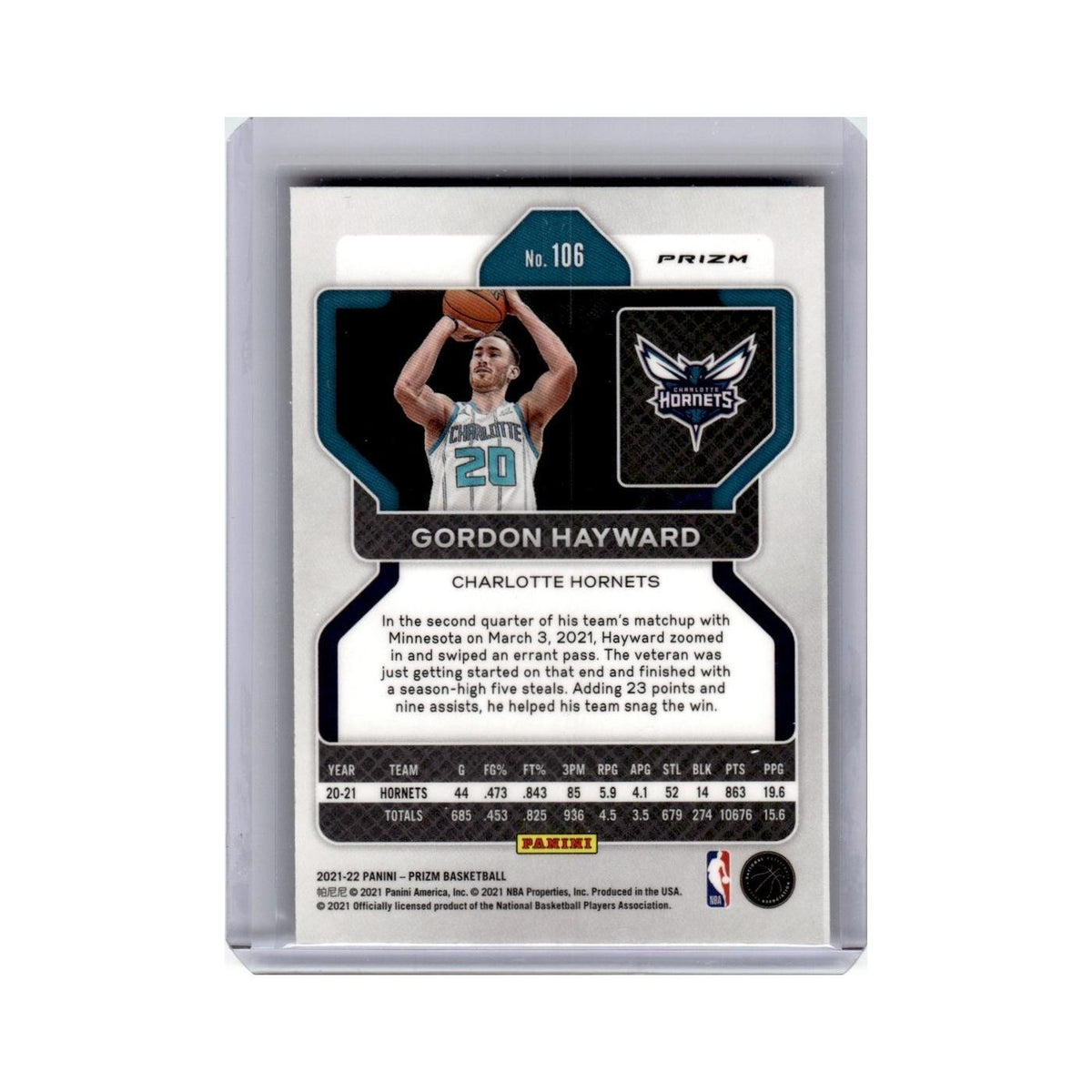 Gordon Hayward 2021 Panini Prizm Red #106 Charlotte Hornets Basketball Card NM