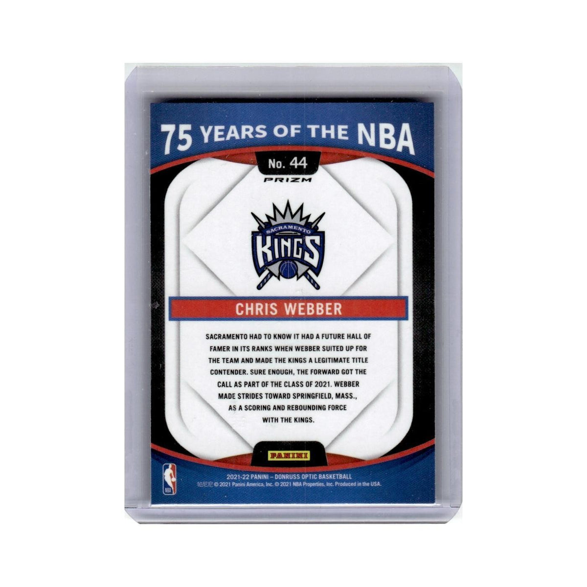 Chris Webber 2021 Donruss Optic 75 Years of the NBA #44 Sacramento Kings NM
