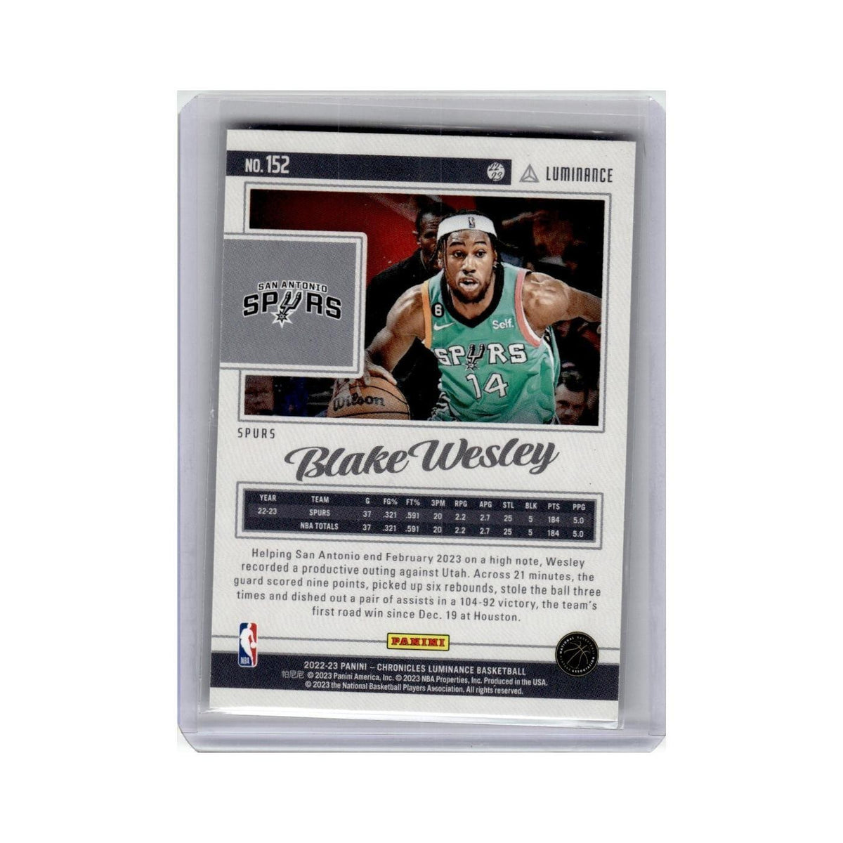 Blake Wesley Rookie 2022 Panini Chronicles Luminance #152 San Antonio Spurs NM