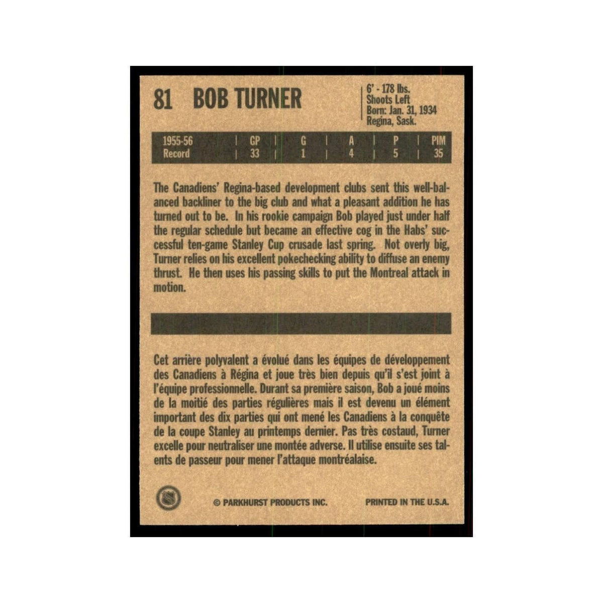 1994 Parkhurst Missing Link 1956-57 Bob Turner Montreal Canadiens #81