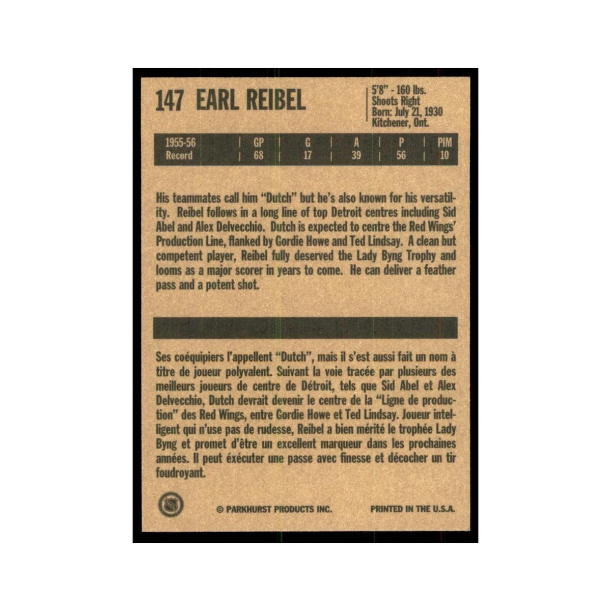 1994 Parkhurst Missing Link 1956-57 Earl Reibel Detroit Red Wings #147