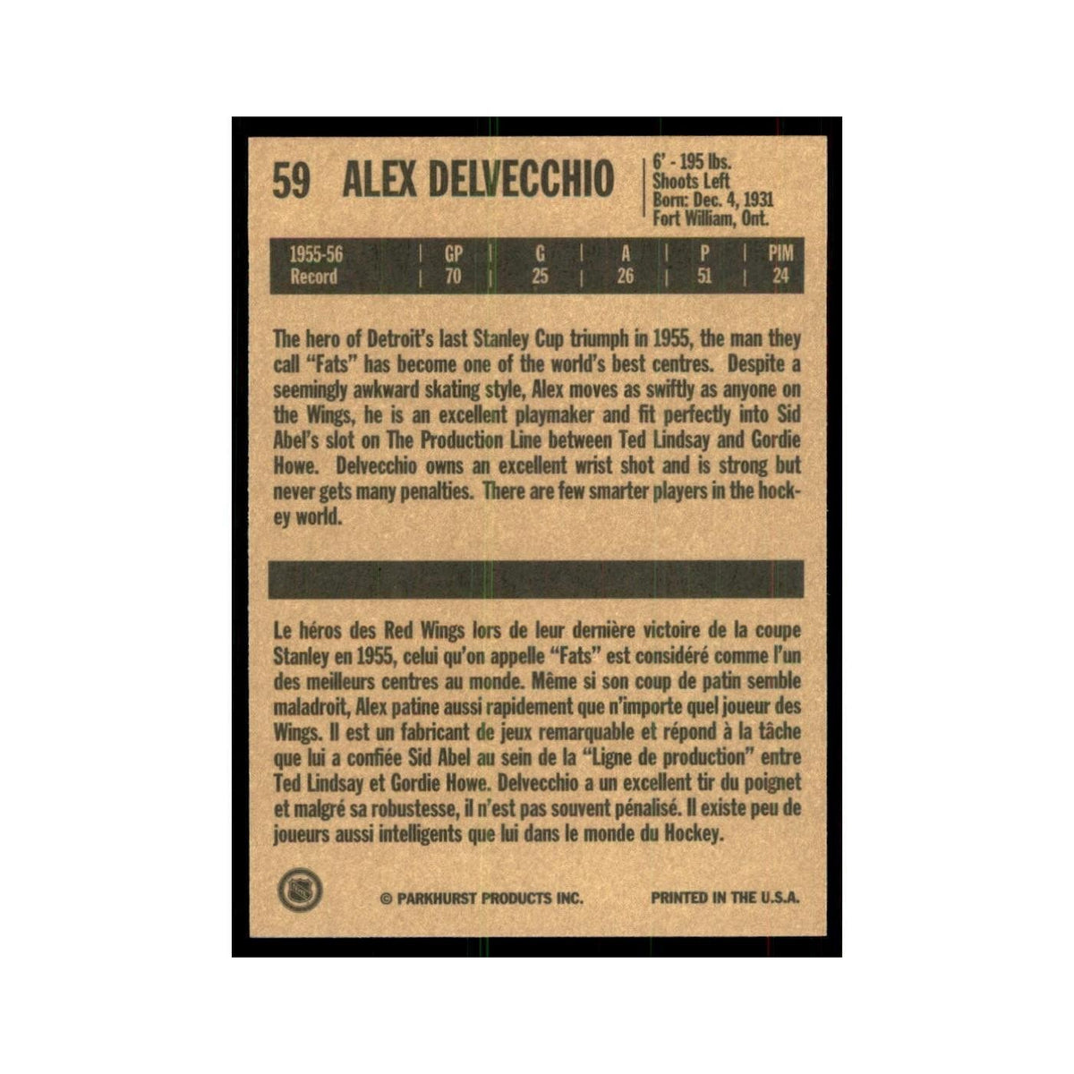 1994 Parkhurst Missing Link 1956-57 Alex Delvecchio Detroit Red Wings #59
