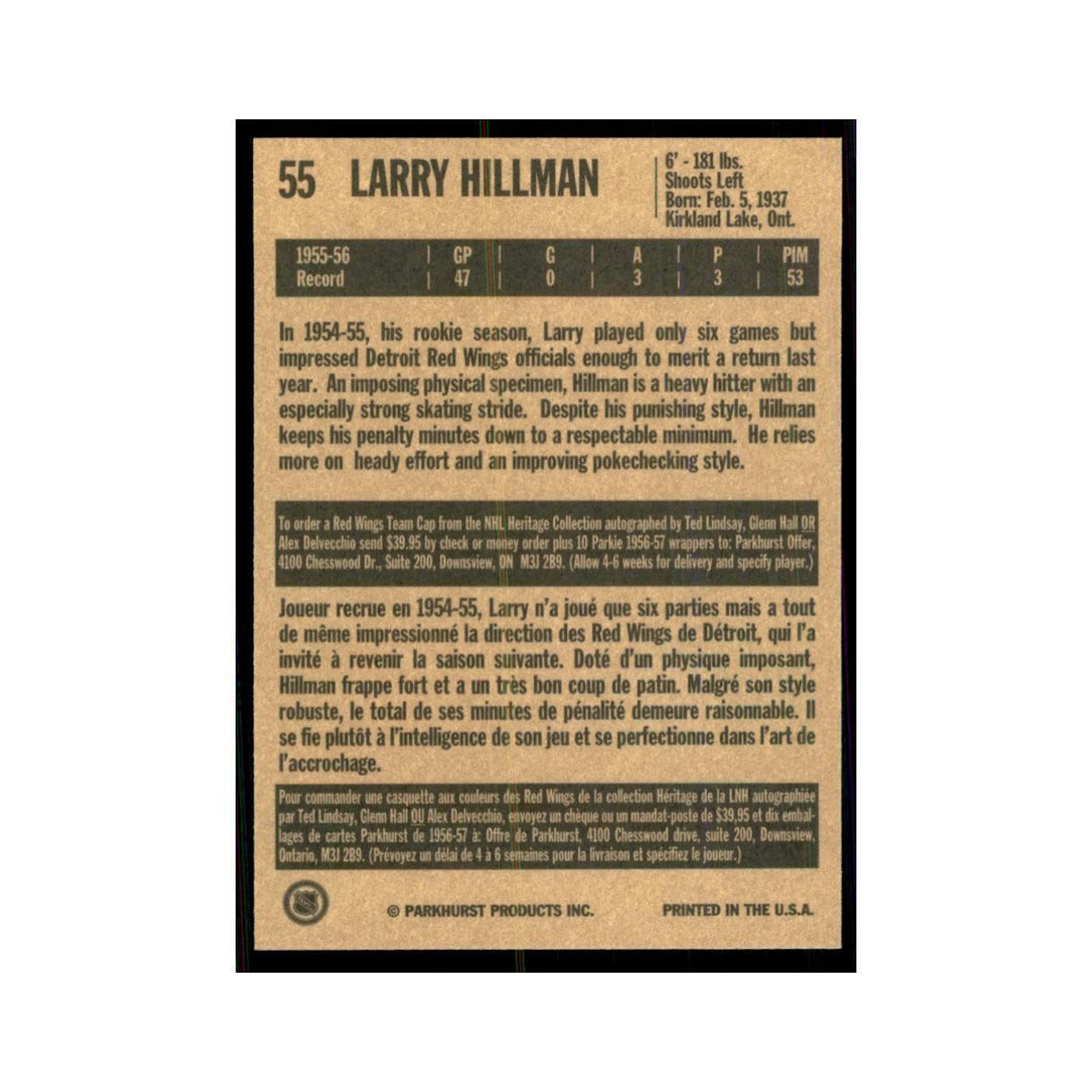 1994 Parkhurst Missing Link 1956-57 Larry Hillman Detroit Red Wings #55