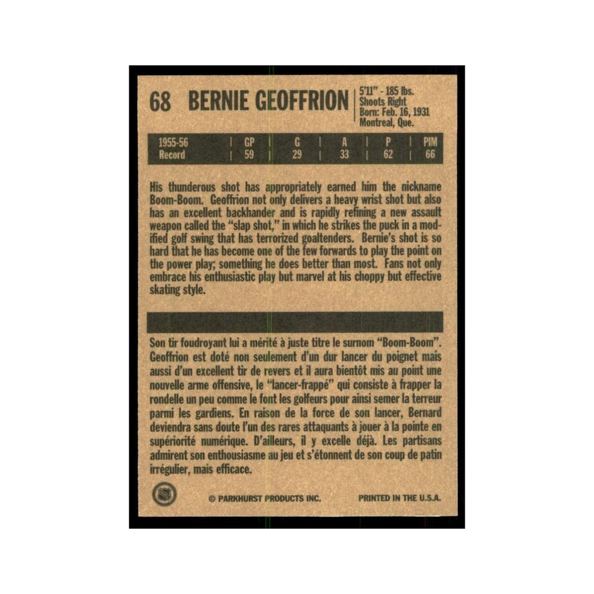 1994 Parkhurst Missing Link 1956-57 Bernie Geoffrion Montreal Canadiens #68