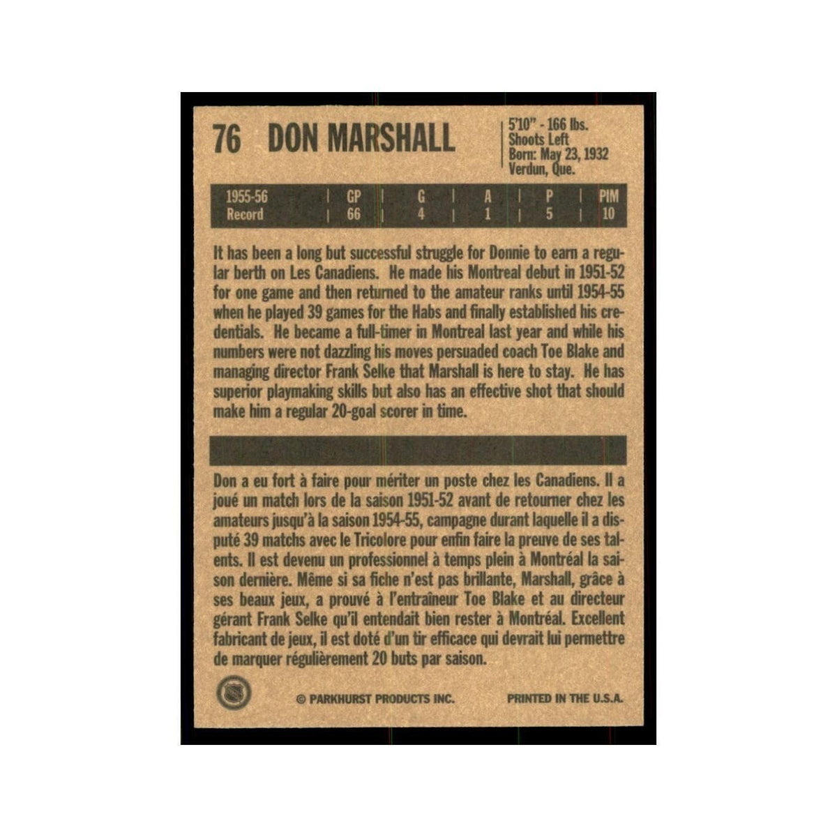 1994 Parkhurst Missing Link 1956-57 Don Marshall Montreal Canadiens #76
