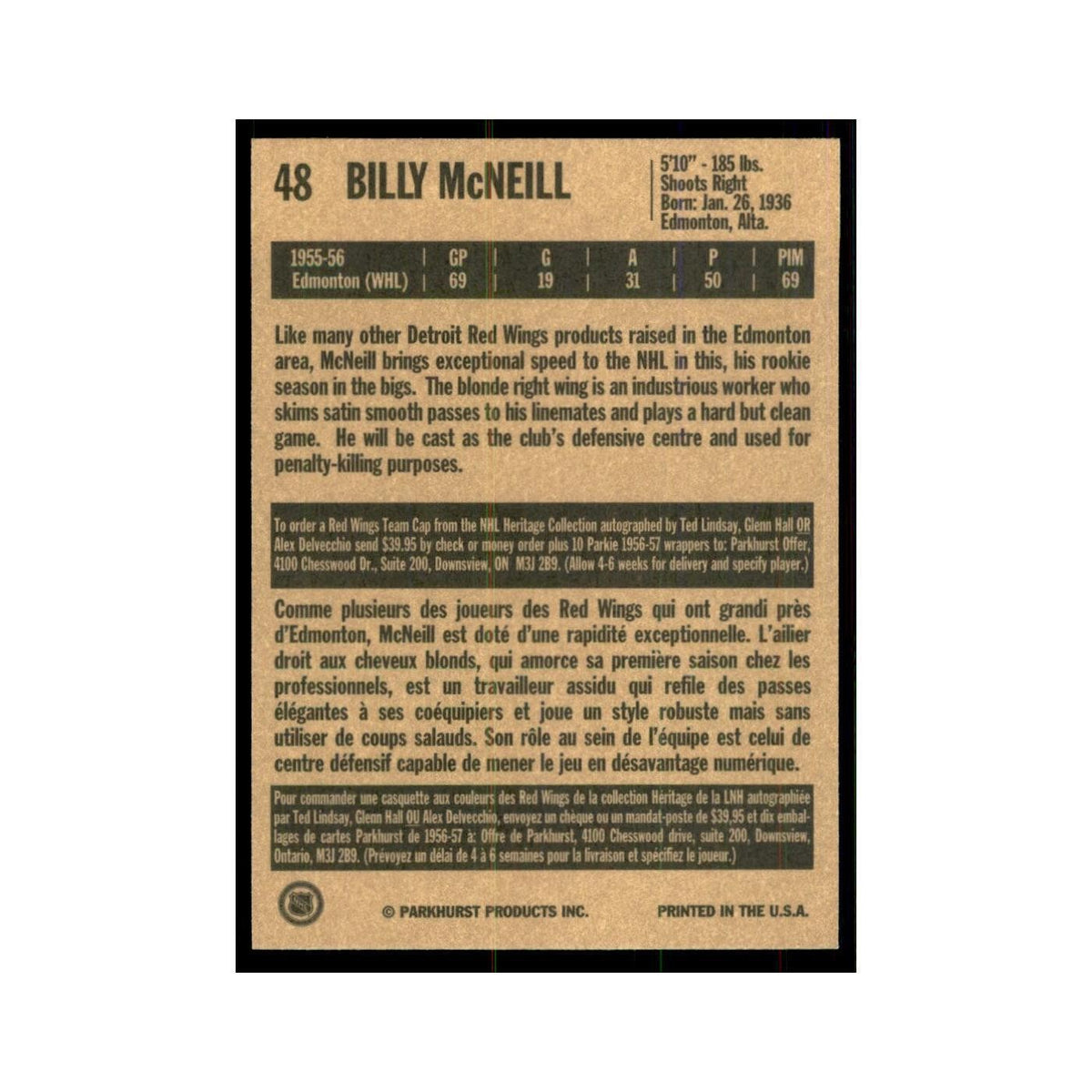 1994 Parkhurst Missing Link 1956-57 Billy McNeill Detroit Red Wings #48