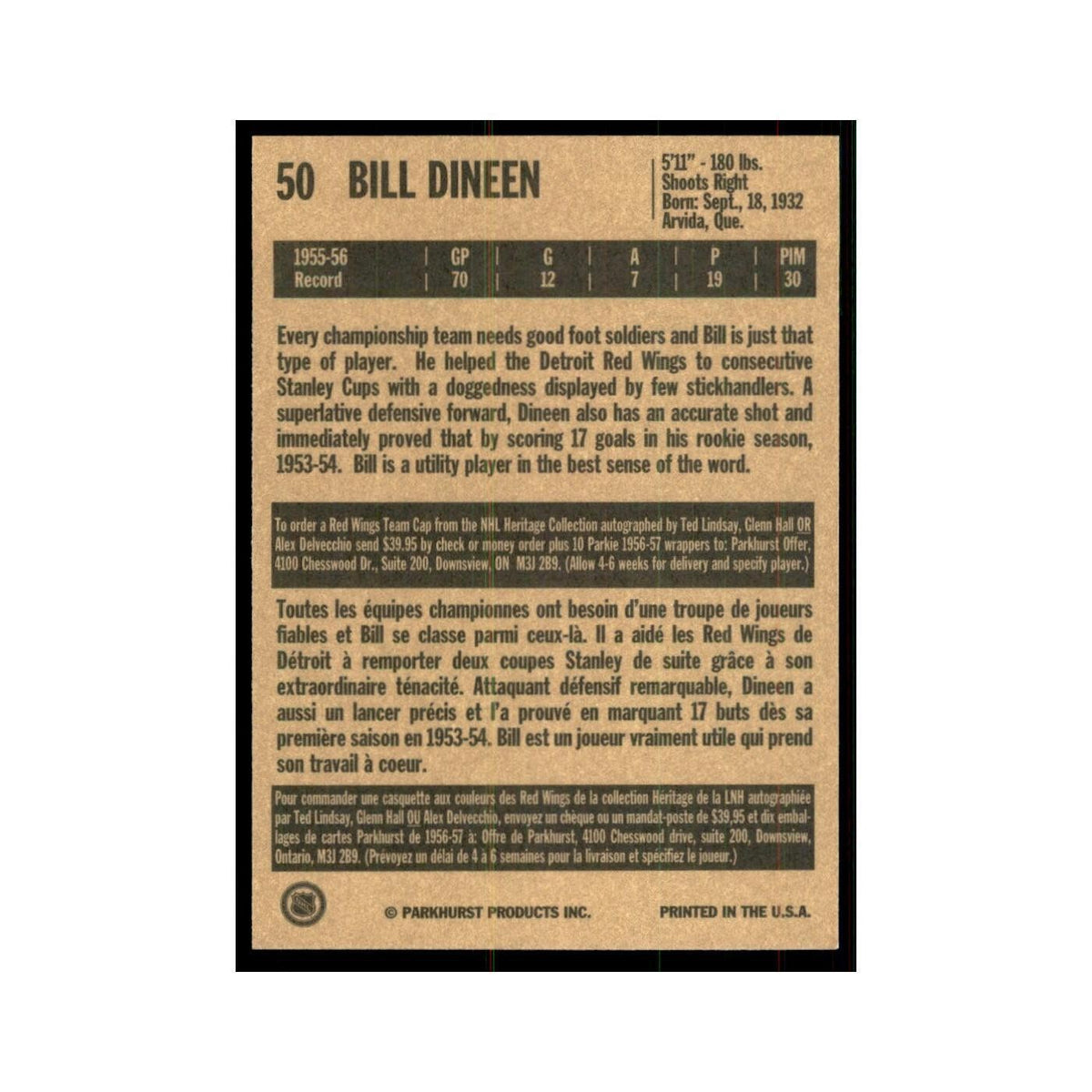 1994 Parkhurst Missing Link 1956-57 Bill Dineen Detroit Red Wings #50