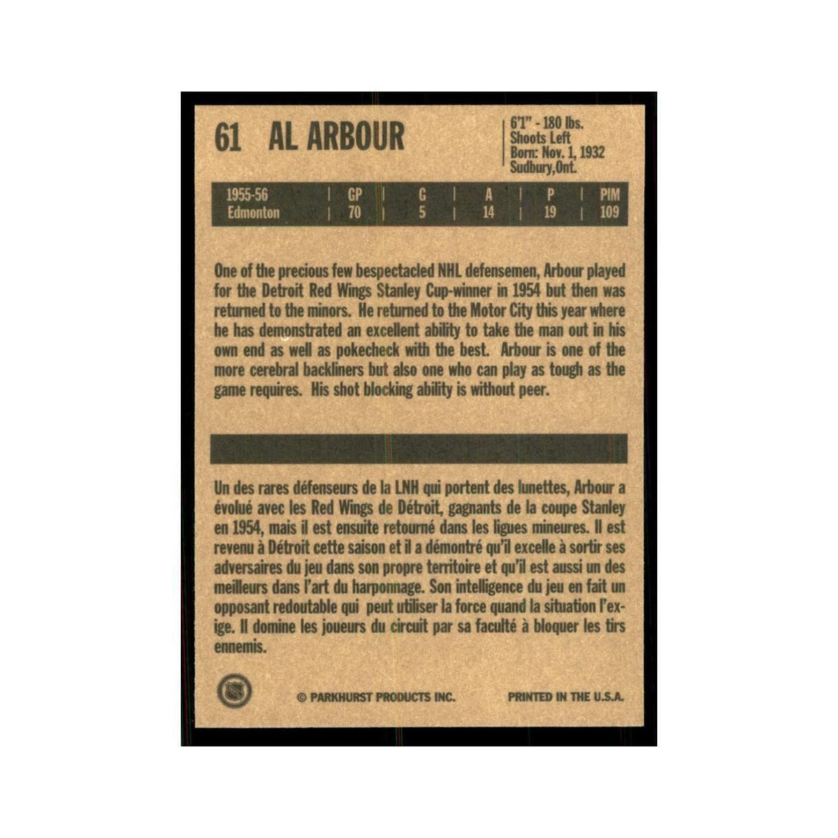 1994 Parkhurst Missing Link 1956-57 Al Arbour Detroit Red Wings #61