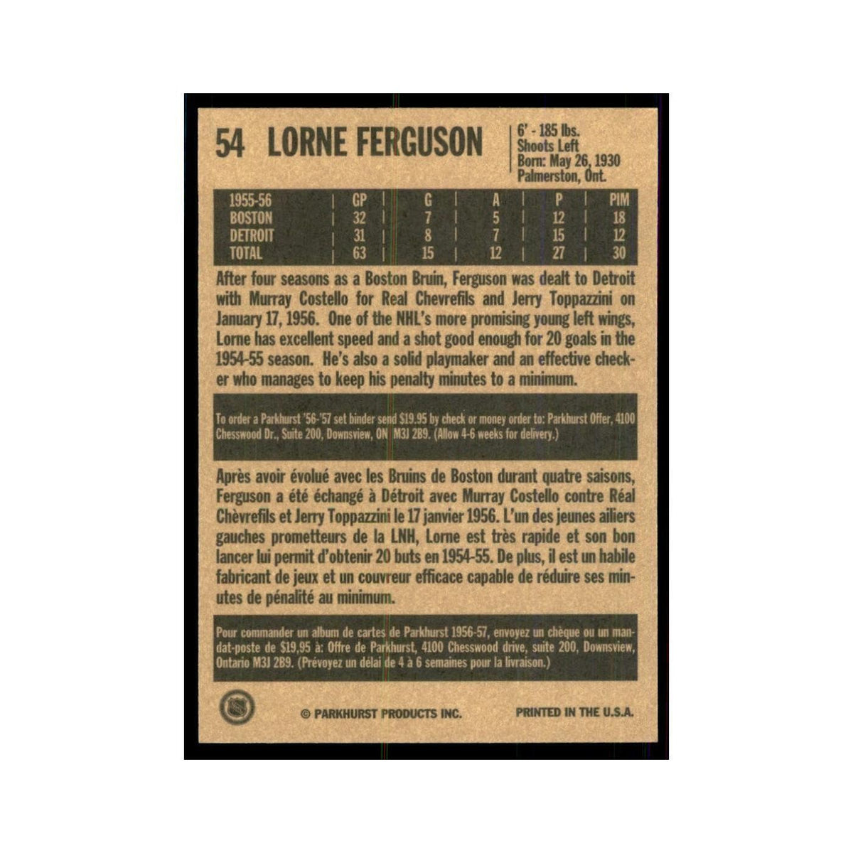 1994 Parkhurst Missing Link 1956-57 Lorne Ferguson Detroit Red Wings #54