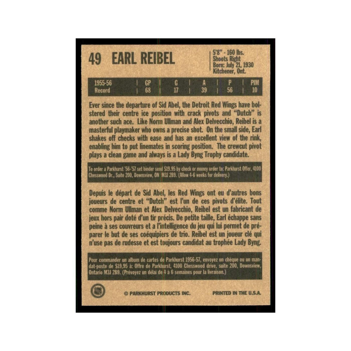 1994 Parkhurst Missing Link 1956-57 Earl Reibel Detroit Red Wings #49