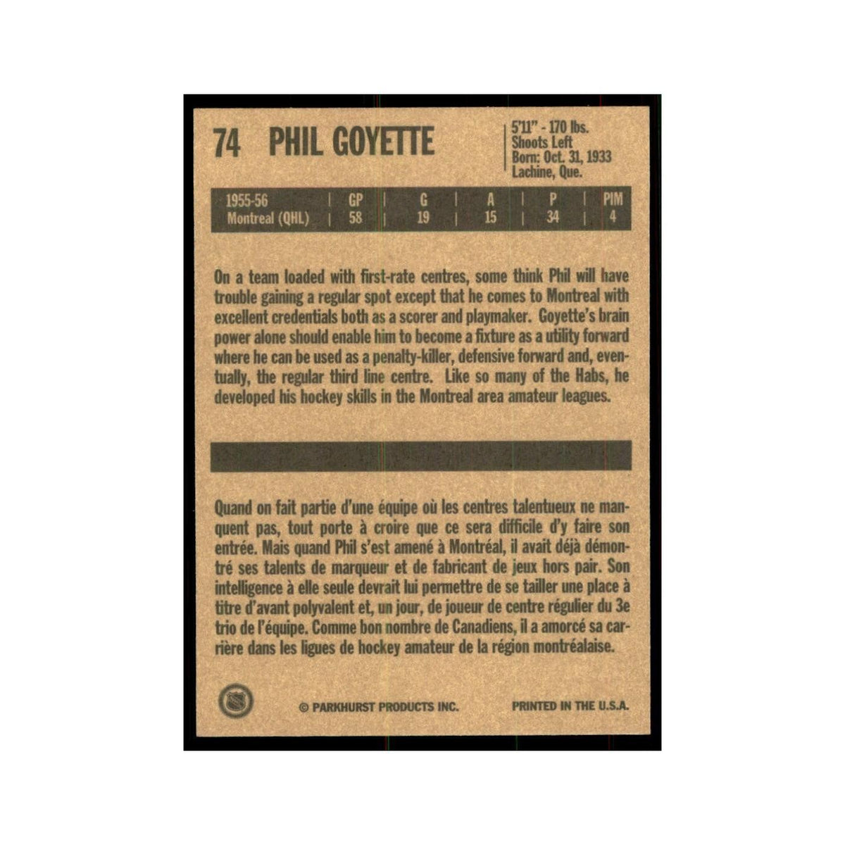 1994 Parkhurst Missing Link 1956-57 Phil Goyette Montreal Canadiens #74